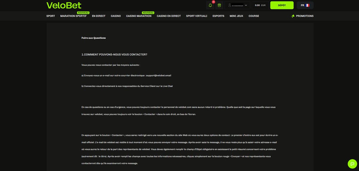 Service client Velobet Casino