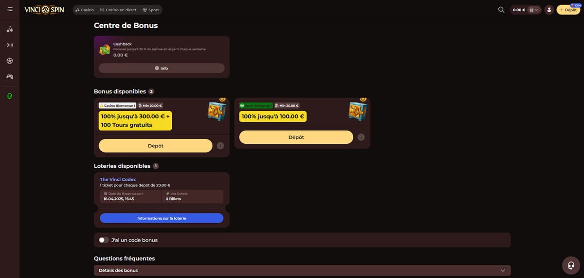 Centre bonus Vincispin Casino