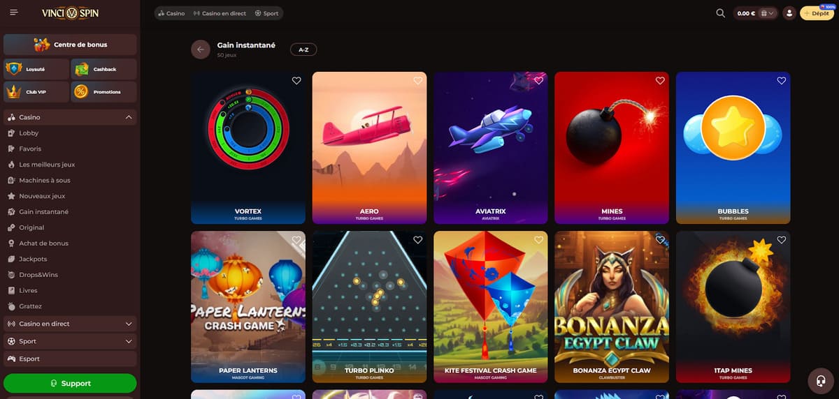 Gain instantané Vincispin Casino
