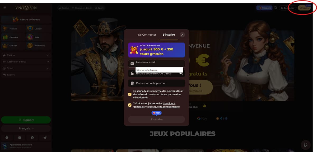 Inscription Vincispin Casino