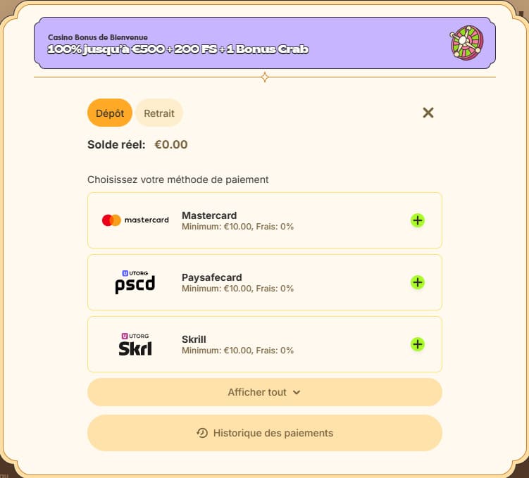 Moyens paiement Vinyl casino