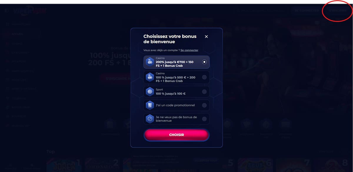 Inscription ViperWin Casino