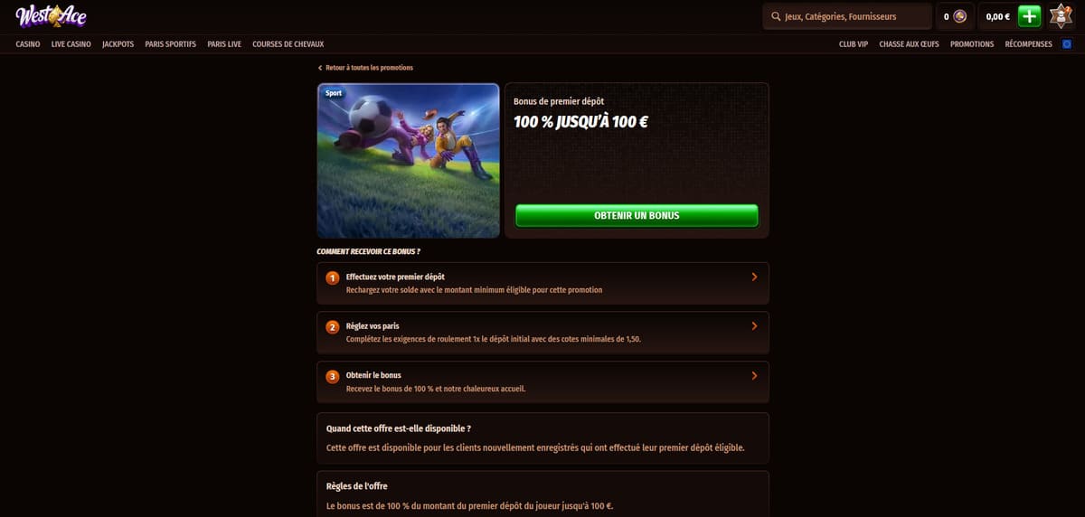 Bonus bienvenue sport Westace Casino
