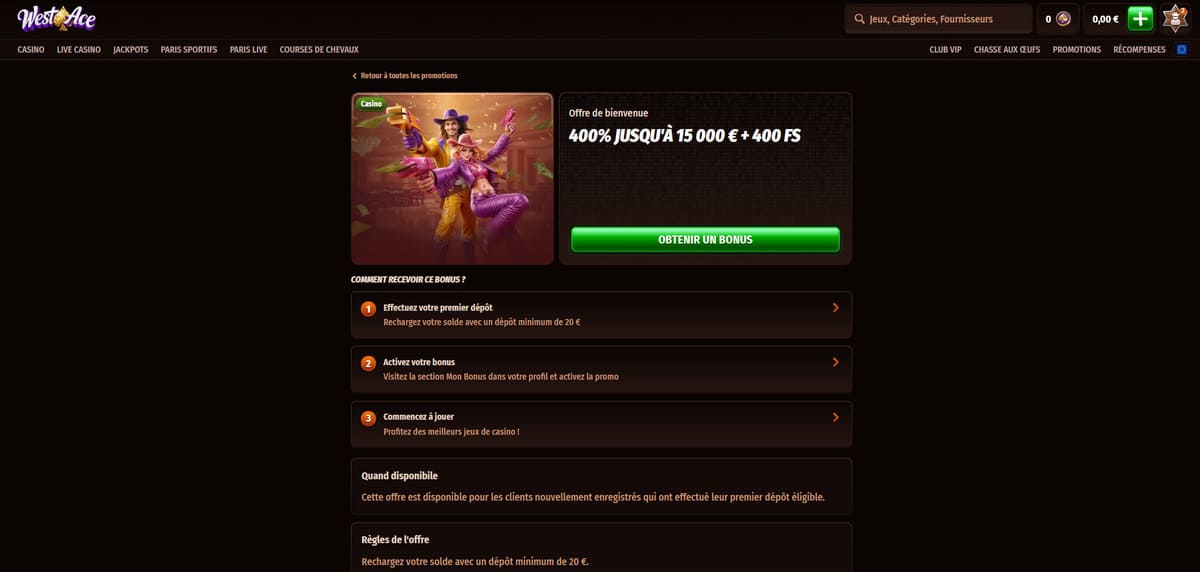 Bonus de bienvenue Westace Casino