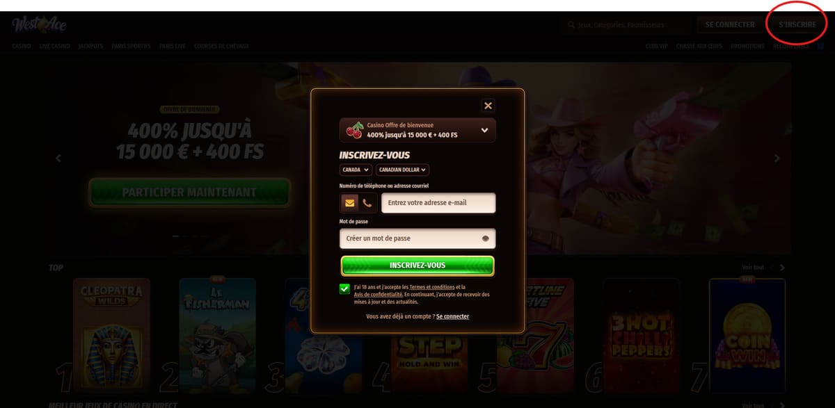 Inscription Westace Casino