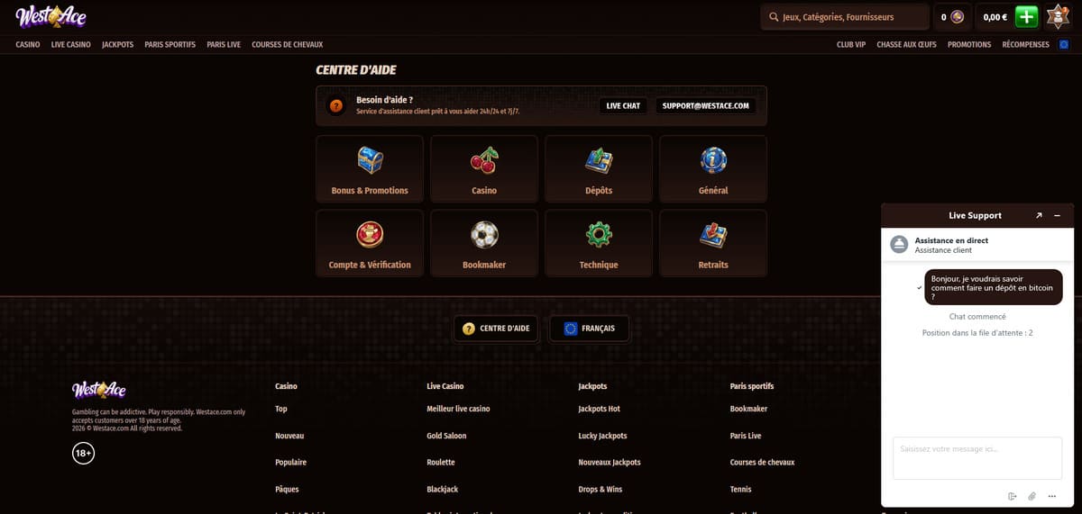 Support client Westace Casino