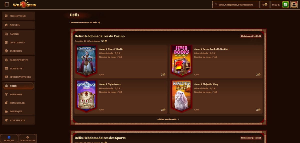 Défis WildRobin Casino