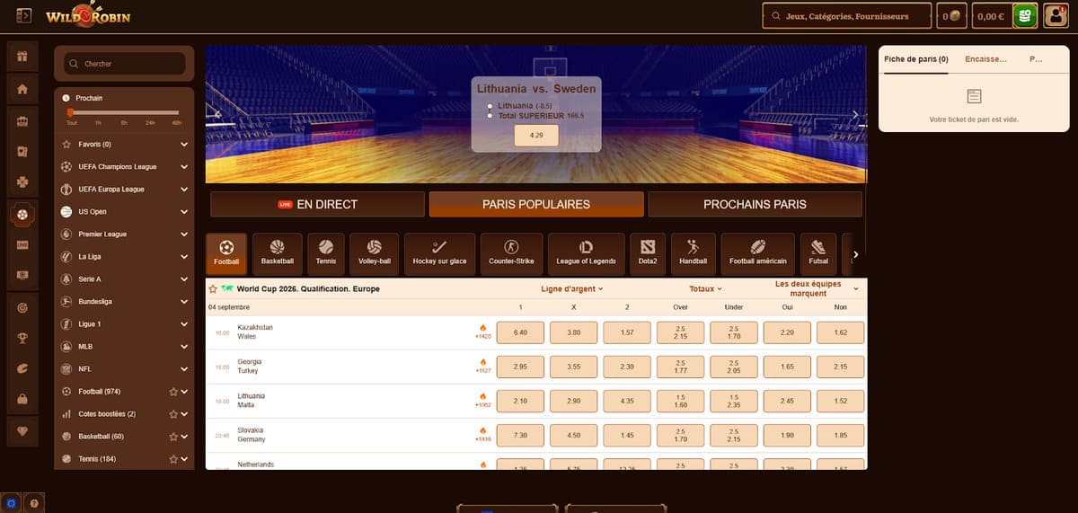 Paris sportifs WildRobin Casino