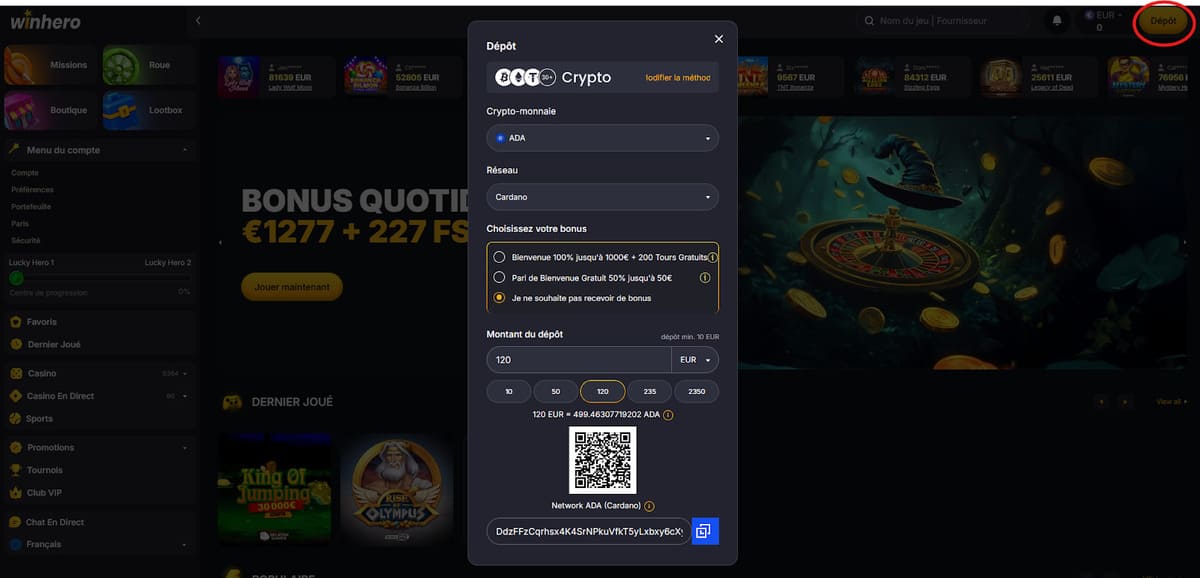 Dépôt Winhero Casino