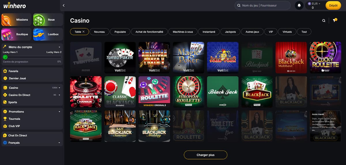 Jeux de table Winhero Casino