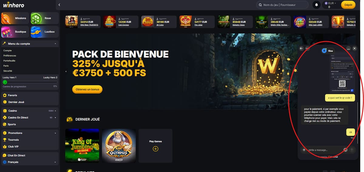 Service client Winhero Casino