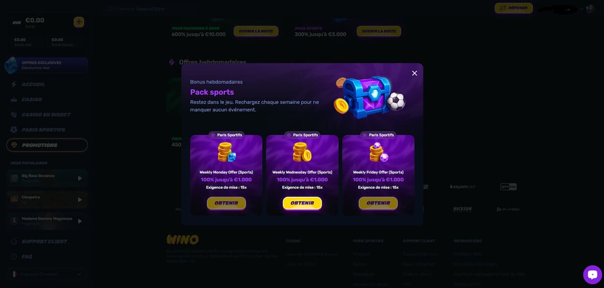 Bonus hebdos sport Wino Casino