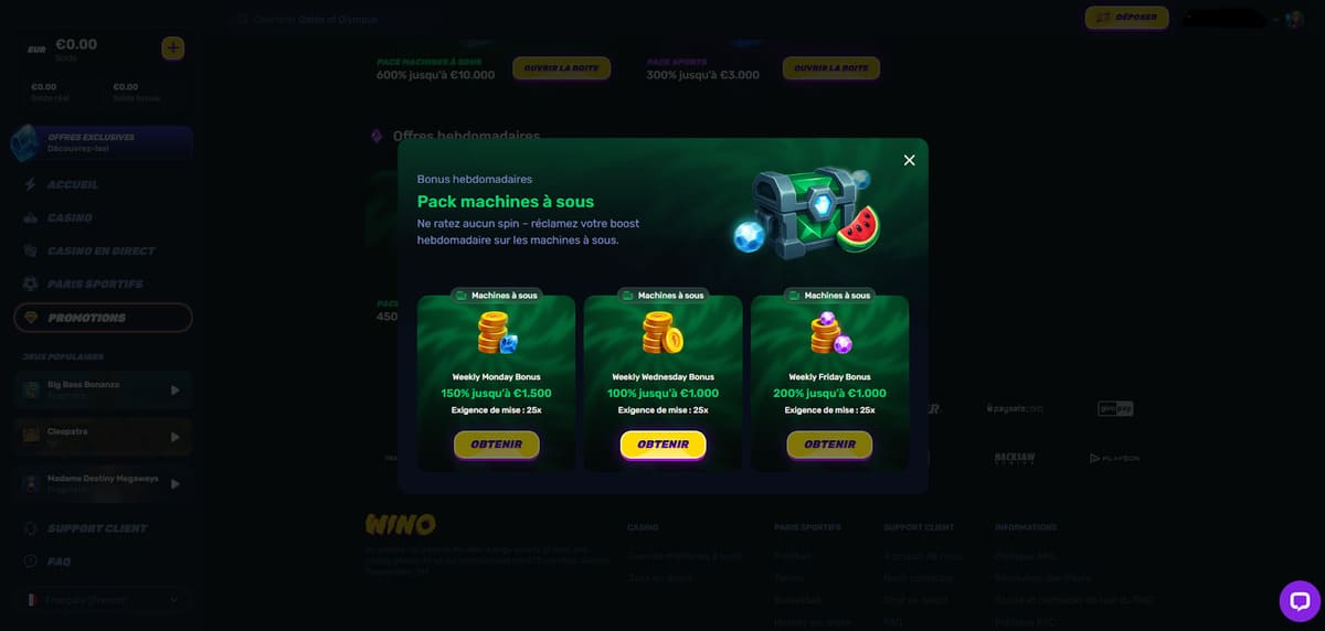 Bonus hebdos Wino Casino