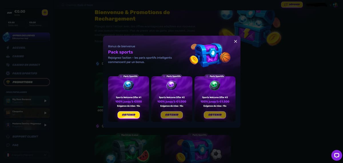 Bonus bienvenue Sport Wino Casino
