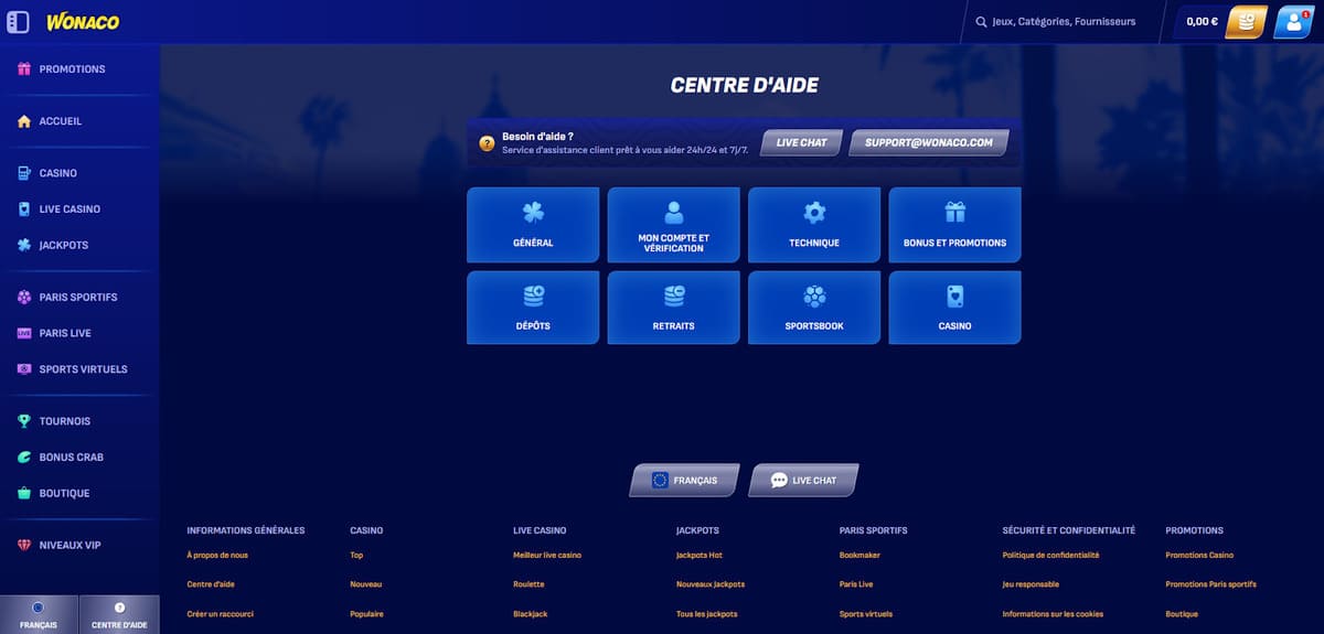 Centre d'aide Wonaco Casino