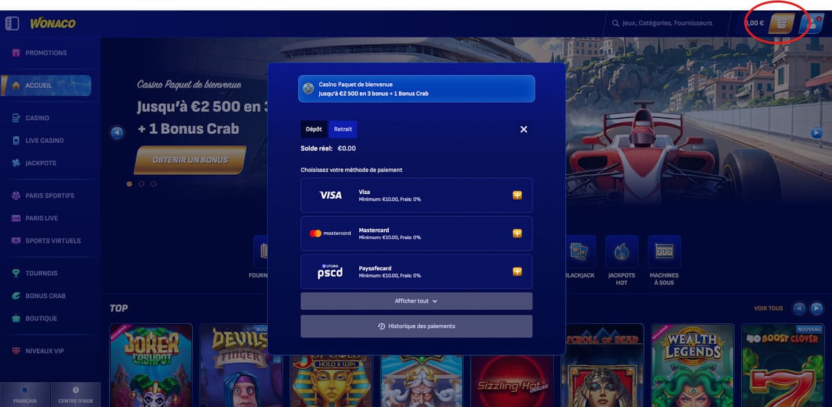 Dépôt Wonaco Casino