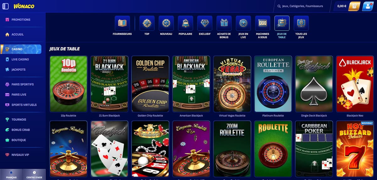 Jeux de table Wonaco Casino