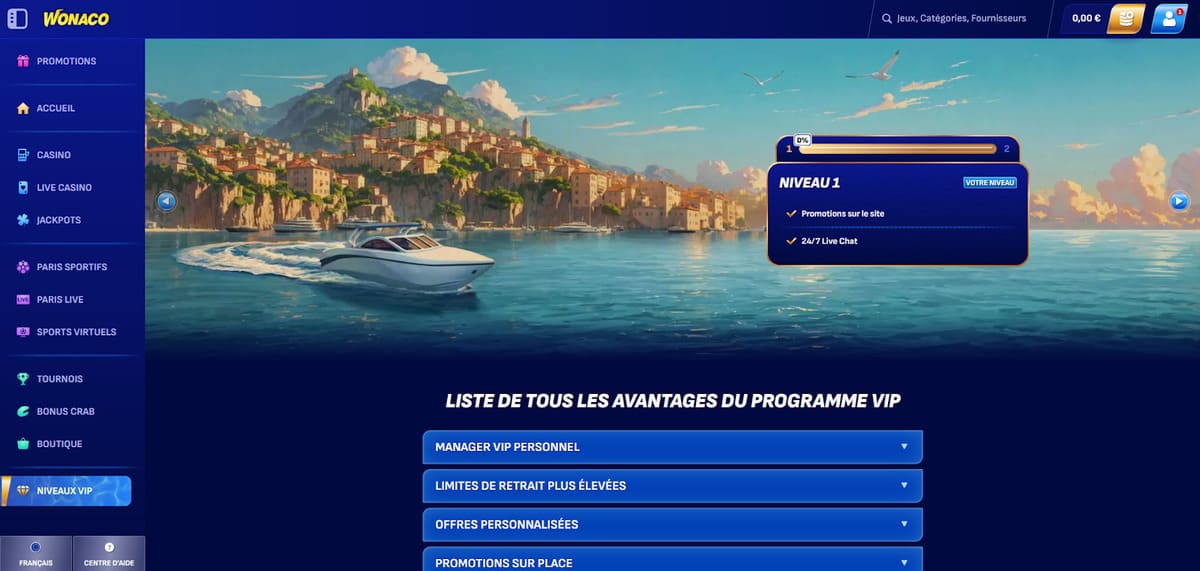 Niveaux VIP Wonaco Casino