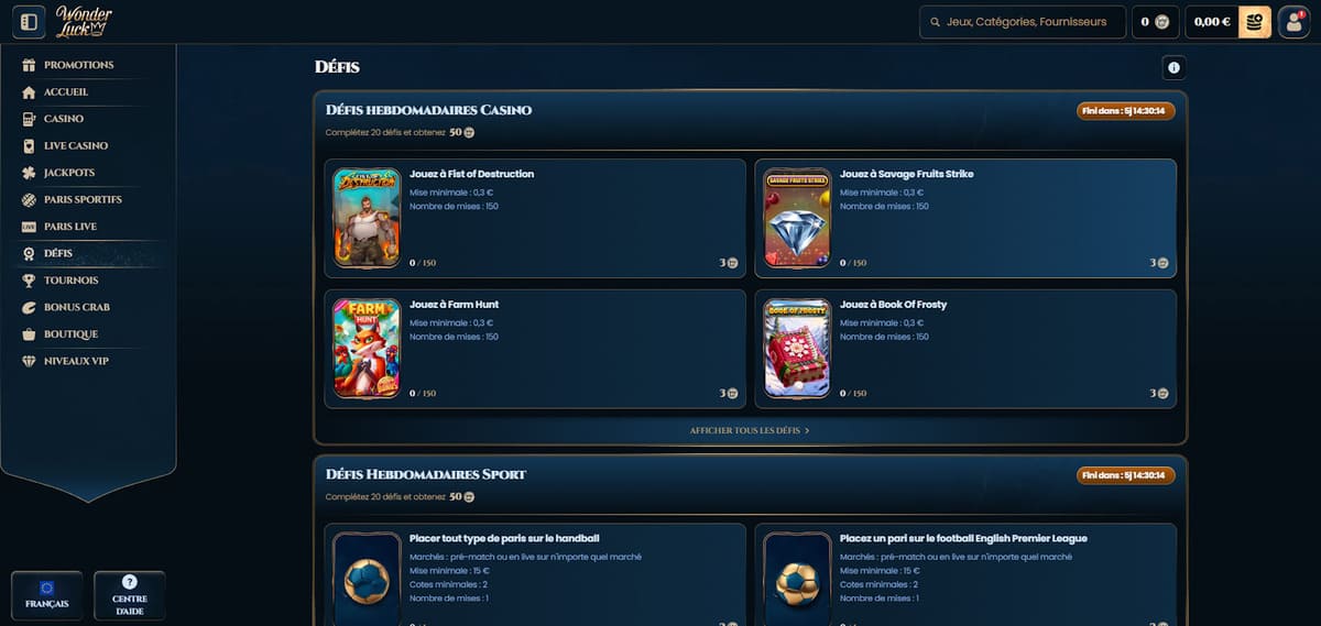 Défis Wonder Luck Casino
