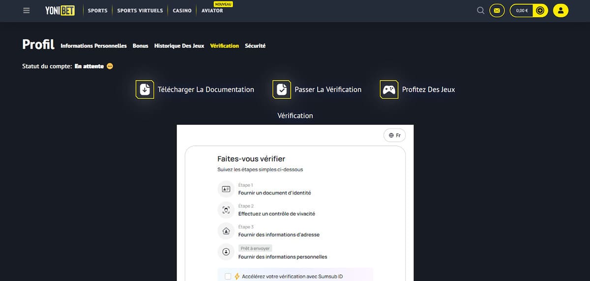 Vérification compte Yonibet Casino