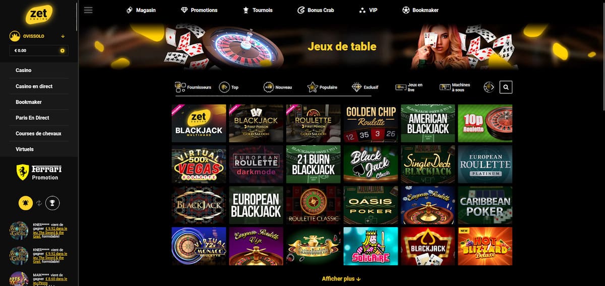 Jeux de table Zet Casino