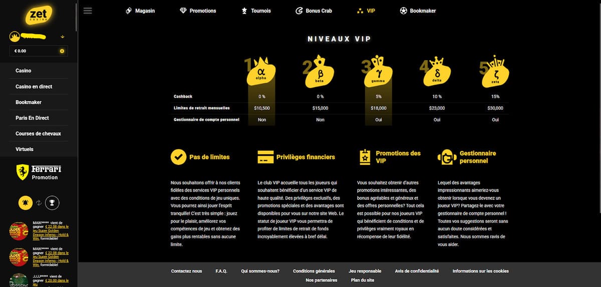 Niveaux VIP Zet Casino