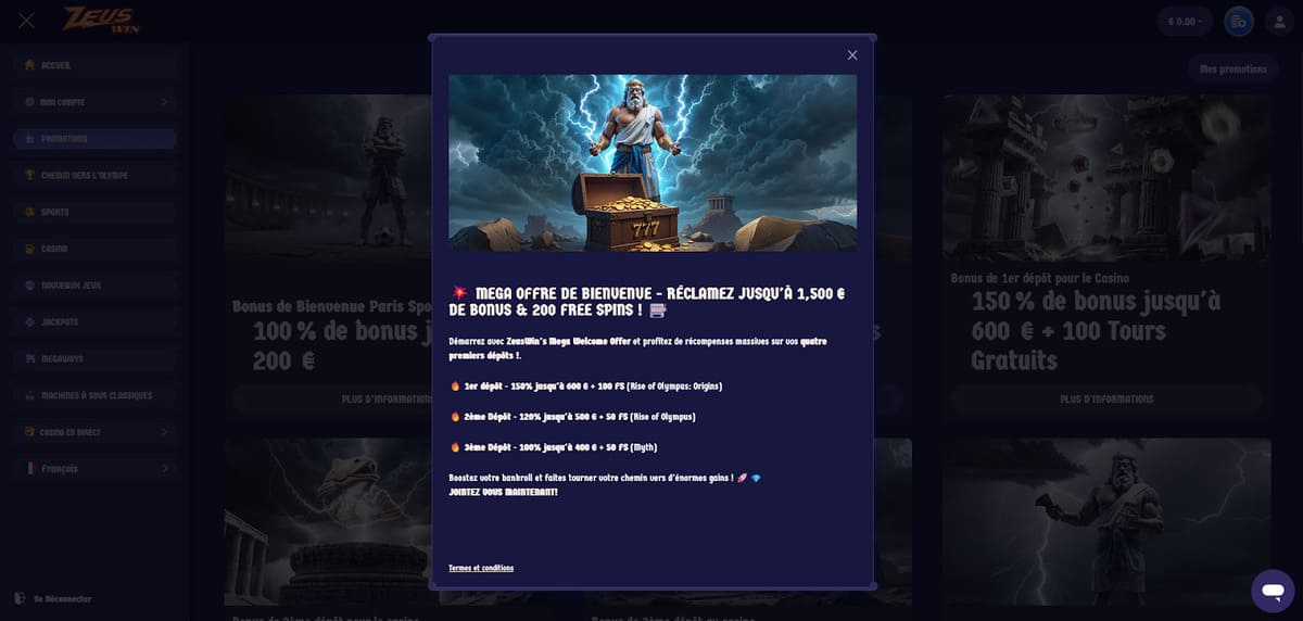 Bonus bienvenue ZeusWin Casino