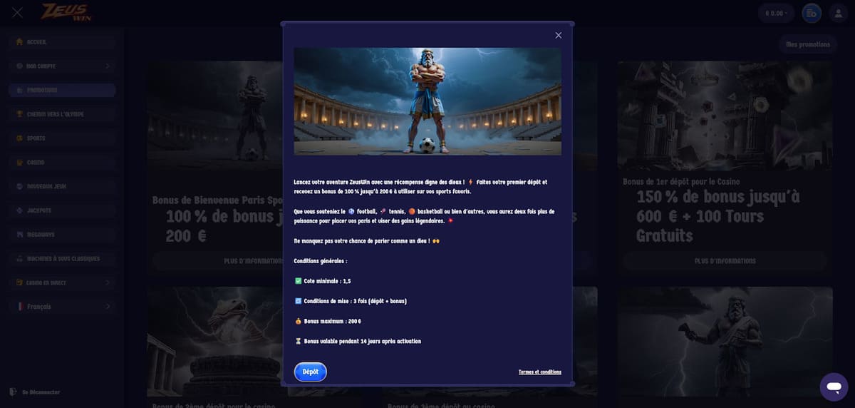 Bonus sportif ZeusWin Casino