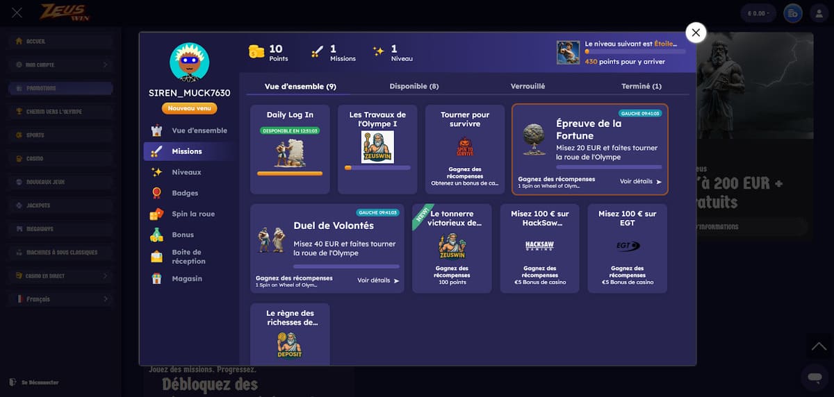 Missions ZeusWin Casino